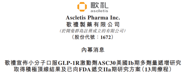 恒汇证券 歌礼小分子口服GLP-1R激动剂美国Ib期研究取得积极顶线结果